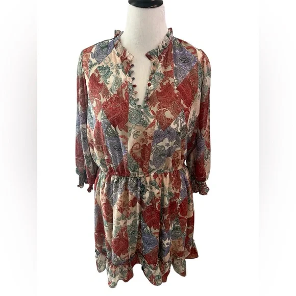 Jessica Simpson Red Cream Green Purple Paisley V-Neck Peasant Tunic - Picture 1 of 6